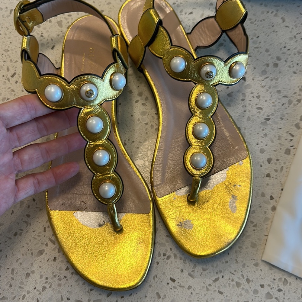 Gucci sandal faux Pearl leather/silk t strap with box and dustbags 38.5 - Picture 6 of 12